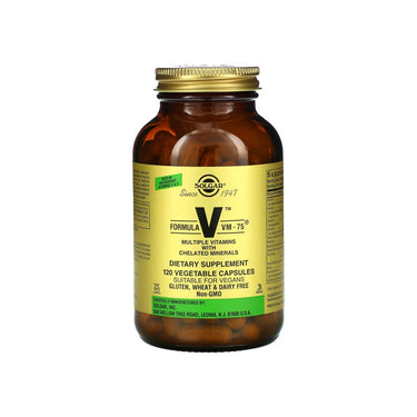A bottle of Solgar Formula VM-75 120 vegetable capsules on a white background.